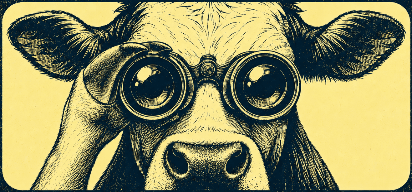 Ink illustration of a cow holding binoculars up to its eyes against a yellow field