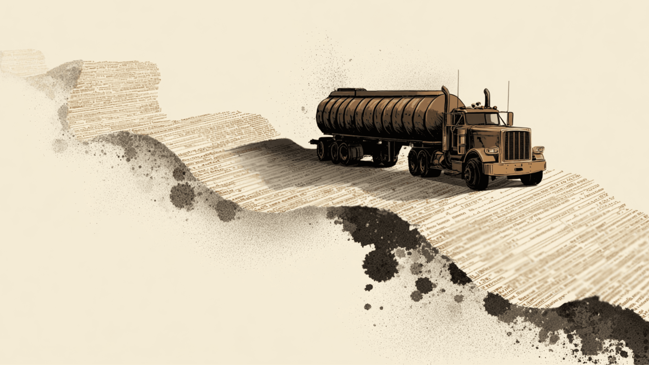 Illustration of a tanker truck driving across a rippling contract document, leaving dark stains in its wake