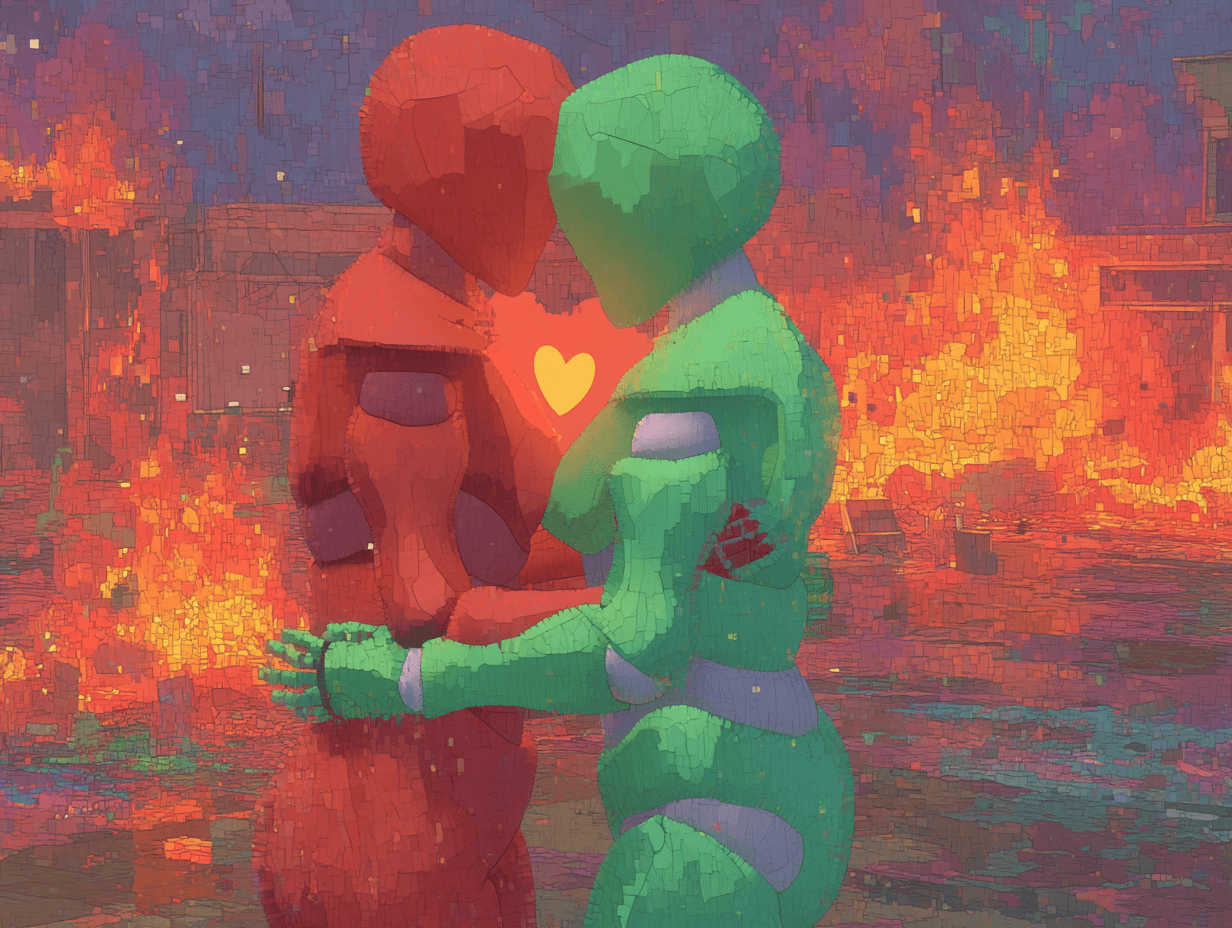 A red robot and a green robot embrace, a glowing heart between them, as a city burns in the background